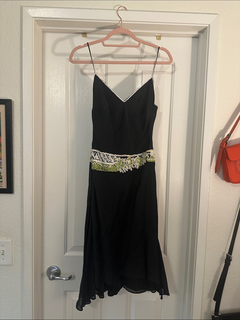 Black Midi Slip Dress with Green & White Embellished Waist